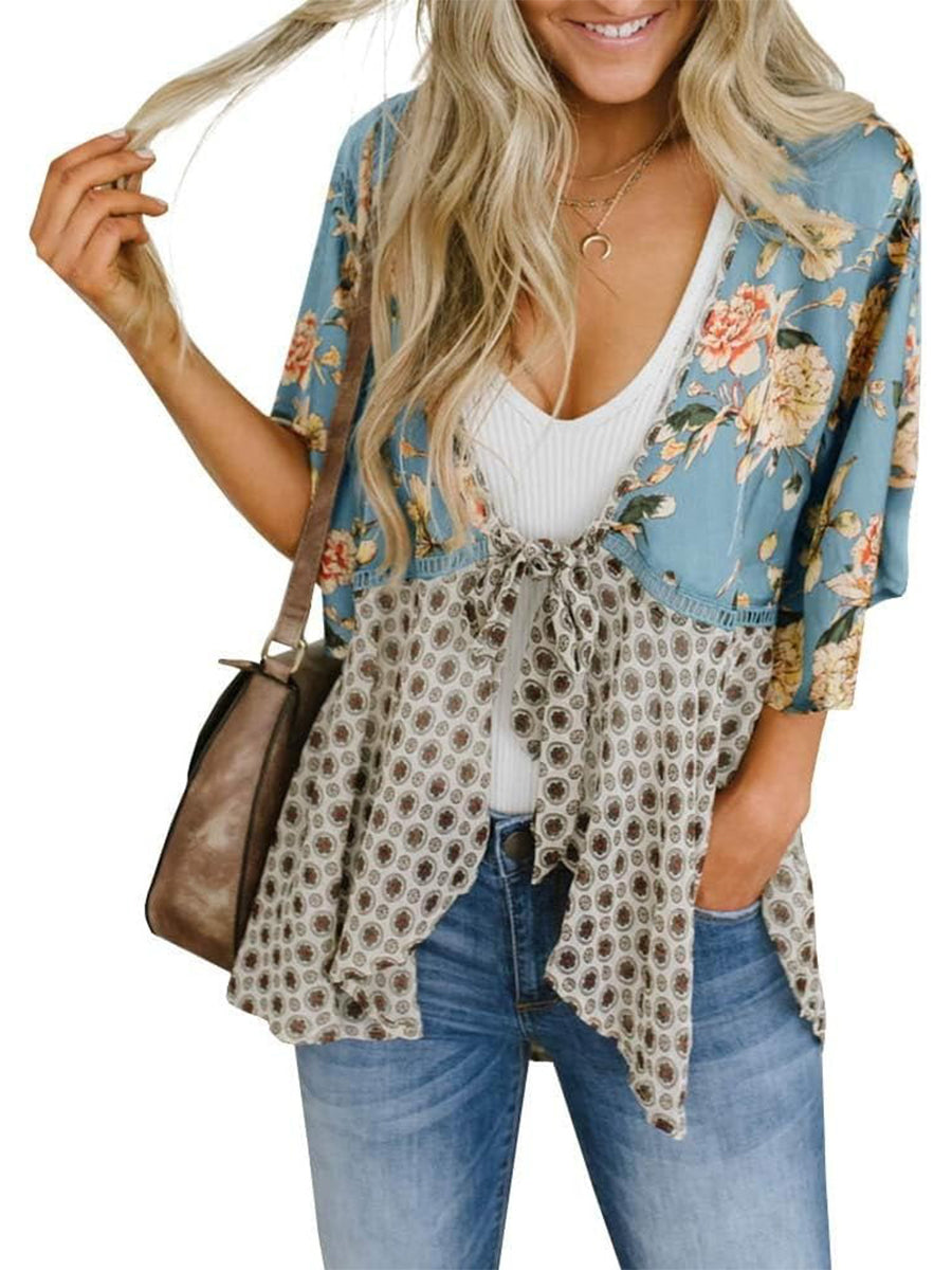 Cardigans Kimono Femme à Manches Volantes et Nœud, Imprimé Floral, Bohème Fluide et Ample
