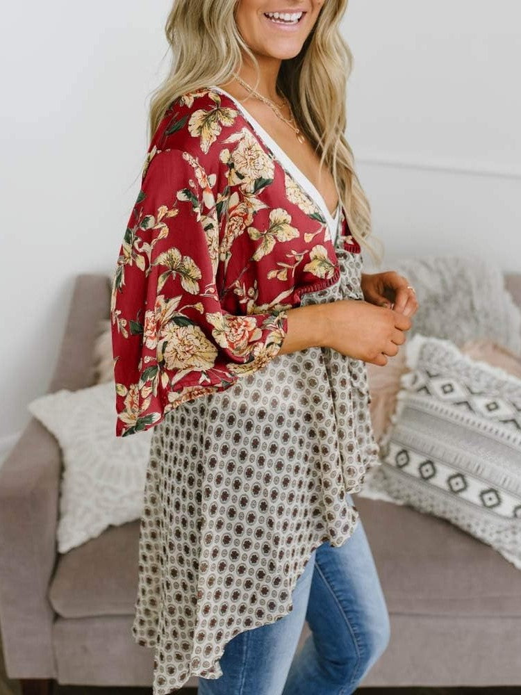 Cardigans Kimono Femme à Manches Volantes et Nœud, Imprimé Floral, Bohème Fluide et Ample