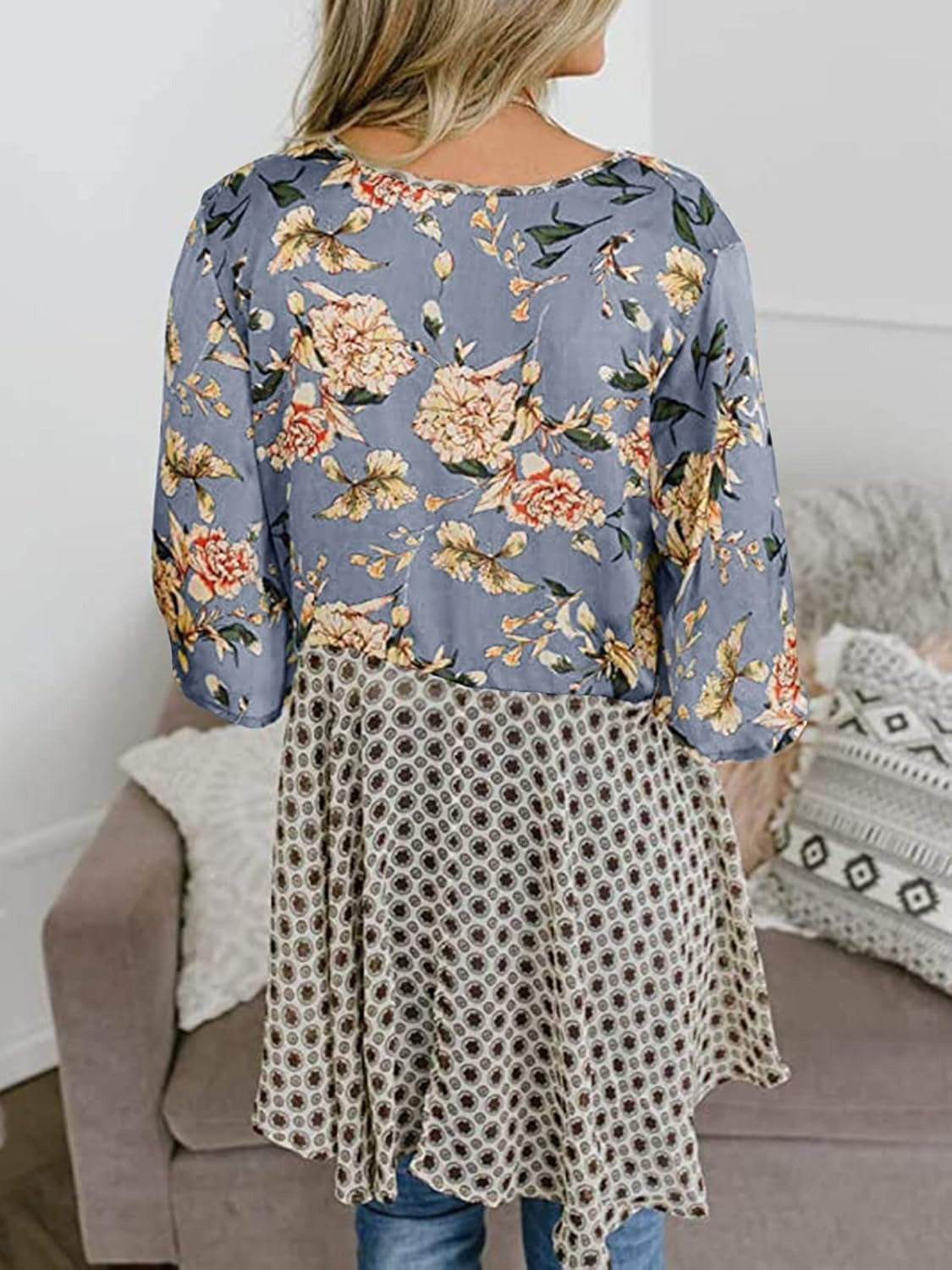 Cardigans Kimono Femme à Manches Volantes et Nœud, Imprimé Floral, Bohème Fluide et Ample
