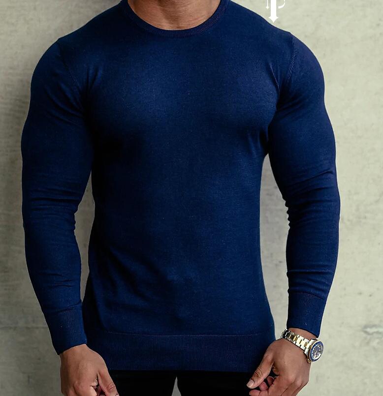 Pull-over basique à col rond et maille unie pour homme