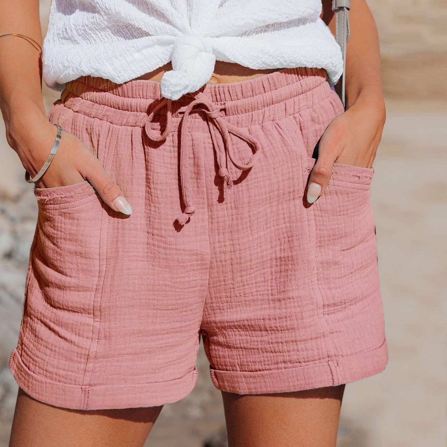 Short décontracté pour femme - Tissu léger et respirant - Taille élastique avec cordon de serrage - Coupe décontractée