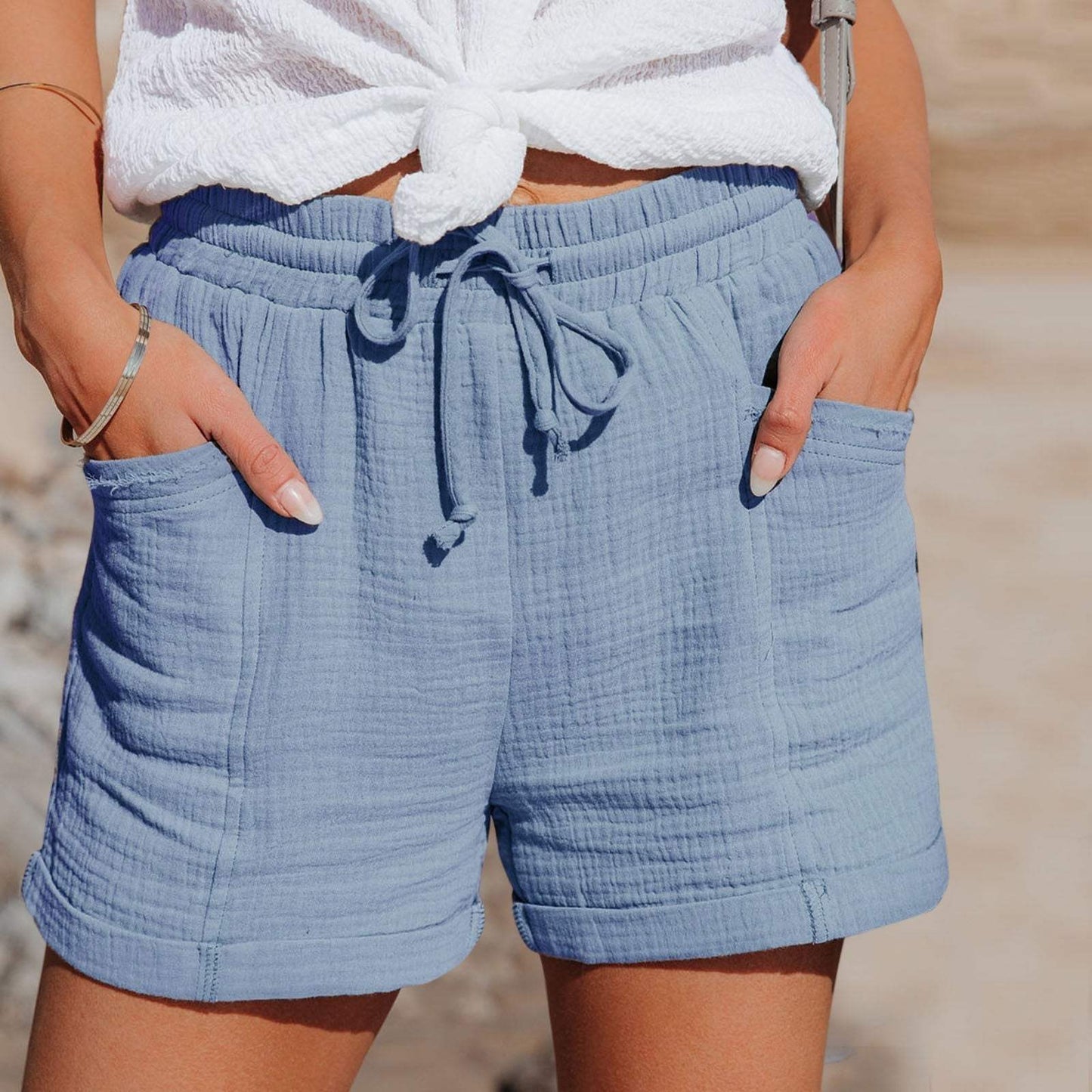 Short décontracté pour femme - Tissu léger et respirant - Taille élastique avec cordon de serrage - Coupe décontractée