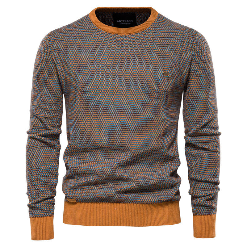 Pull décontracté chaud en coton contrastant à col rond pour homme