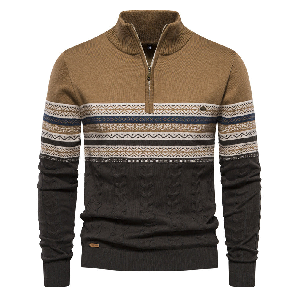Pull en maille décontracté pour hommes à demi-fermeture éclair, motifs ethniques