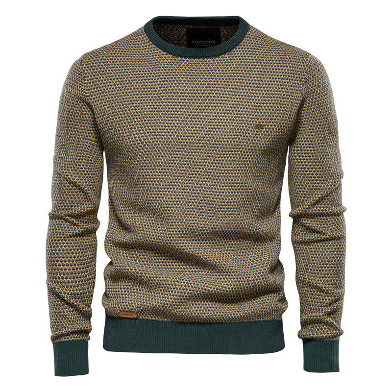 Pull décontracté chaud en coton contrastant à col rond pour homme