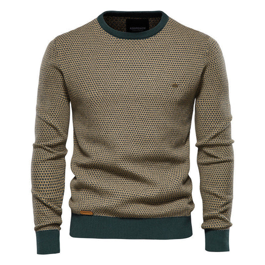 Pull décontracté chaud en coton contrastant à col rond pour homme