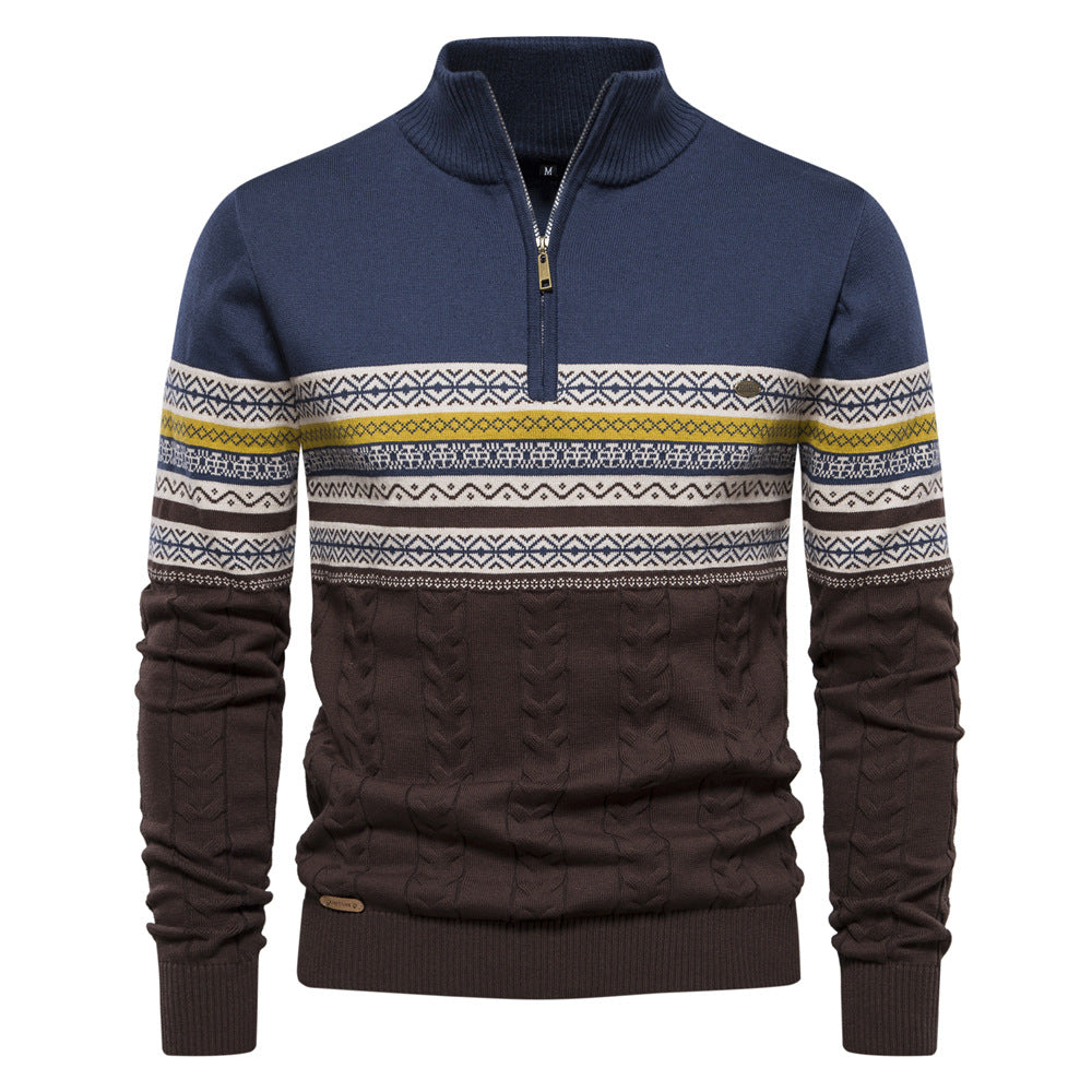Pull en maille décontracté pour hommes à demi-fermeture éclair, motifs ethniques