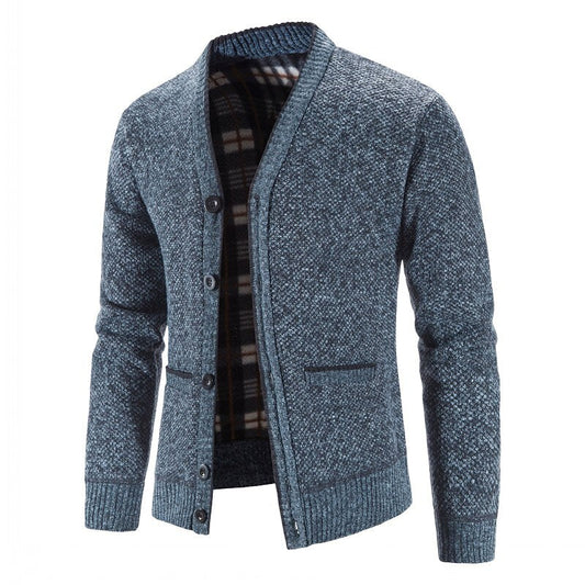 Cardigan boutonné col V en maille pour homme avec doublure en flanelle et poches